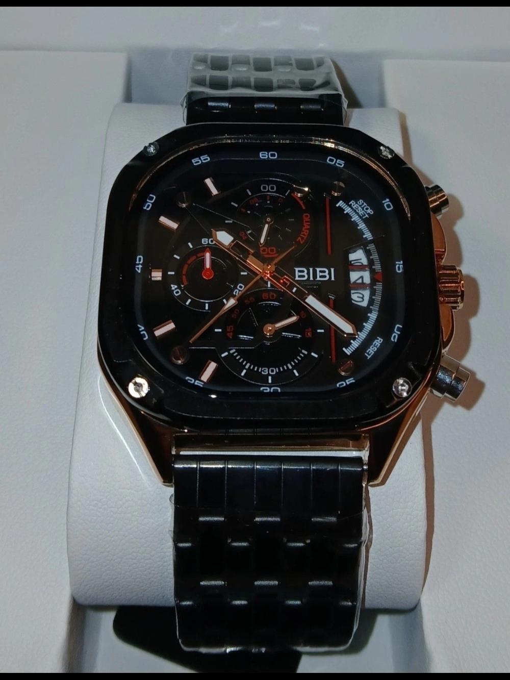 BIBI Mens Modern Square Case Quartz Watch Rose Gold Accent Black Steel Band NEW